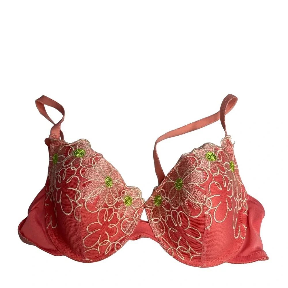 QT VNTG lace floral embroidered peach colored padded bra 36C pinup/rockabilly